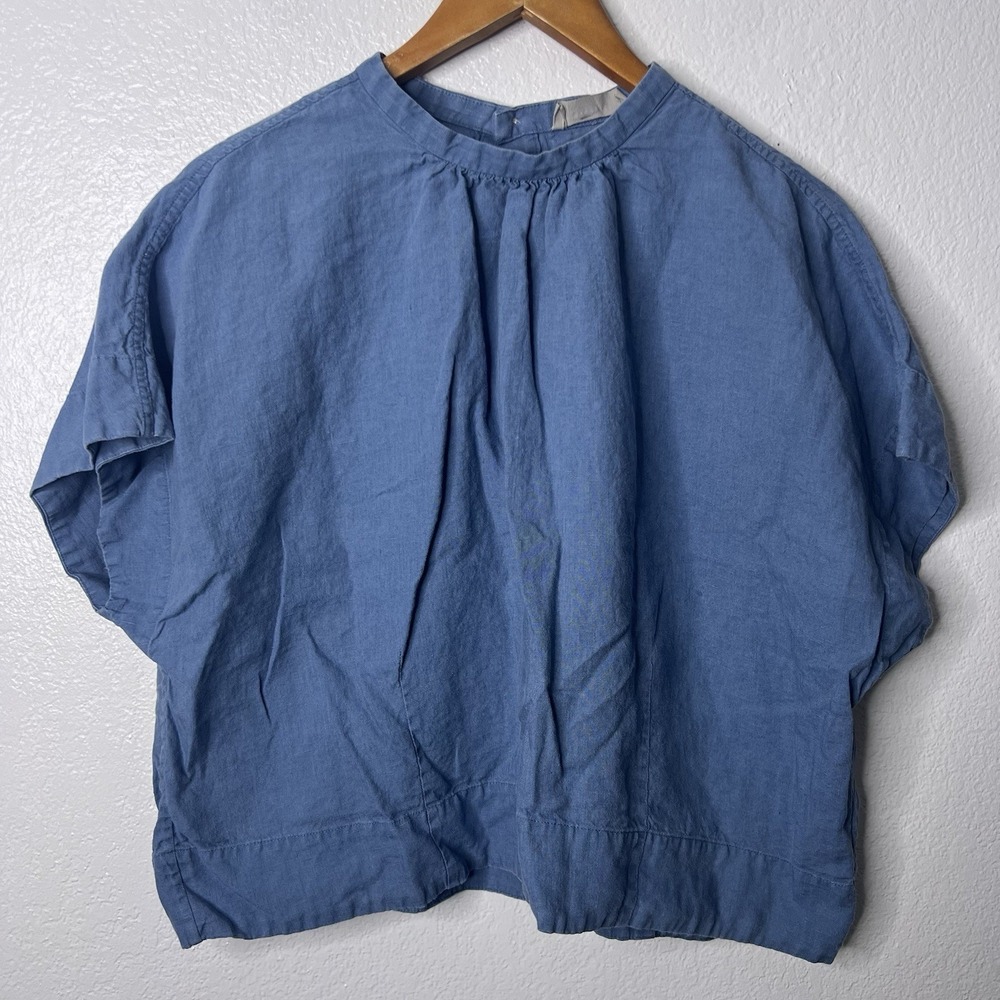 Everlane Linen Top Womens 16 Boxy Blue Short Sleeve Dolman Lagenlook - Picture 2 of 7